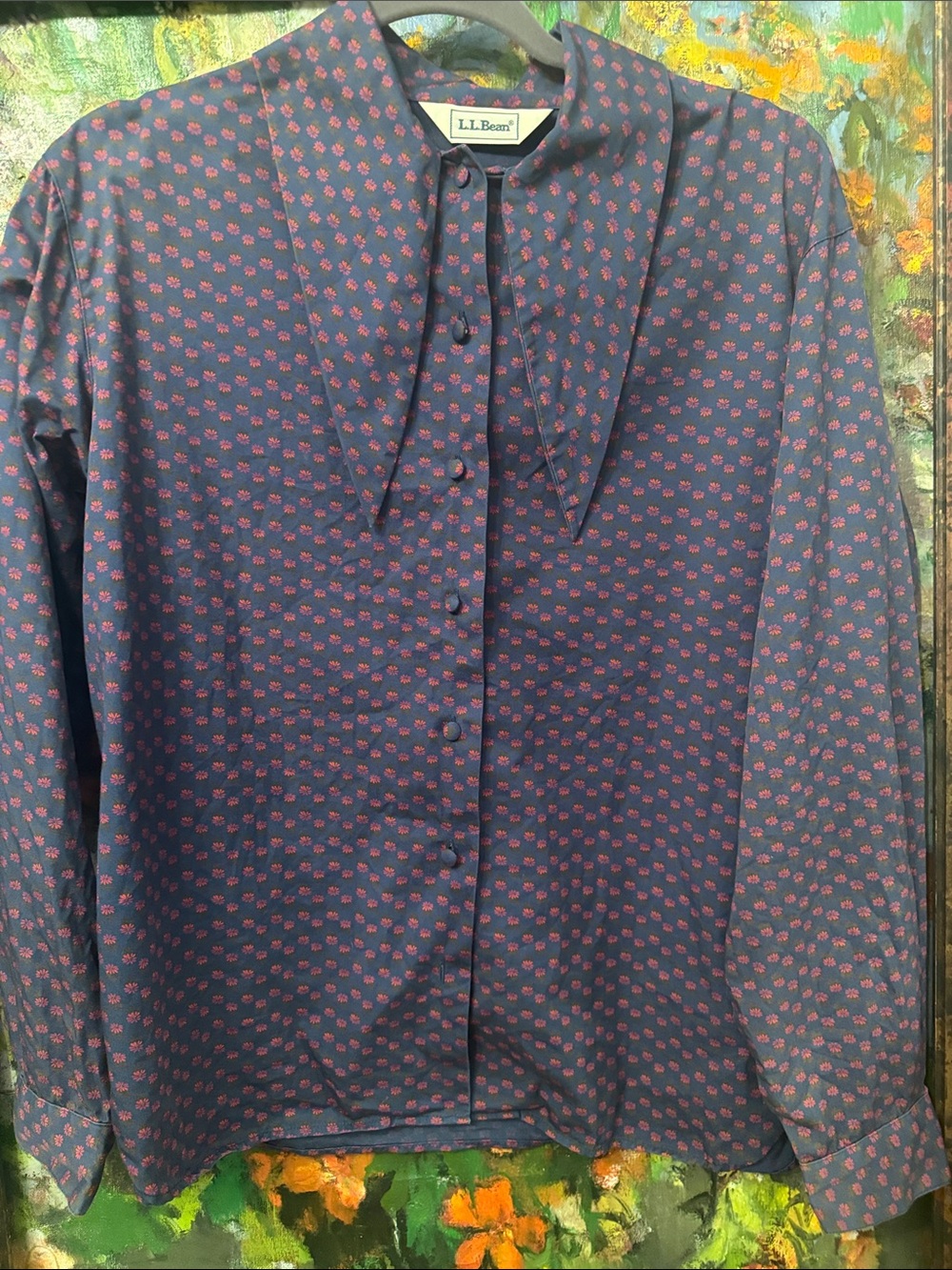 L.L. Bean Navy Shirt with Pink Micro Floral Print and Tie-Neck